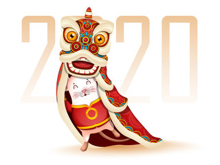 Cartoon Rat wearing Dragon Costume on White Background for Chinese New Year 2020 Celebration.