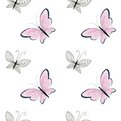 Seamless pattern of pink hand-drawn butterflies isolated on a white background