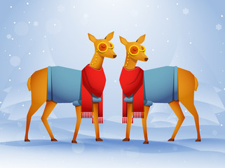 Pair of Deer character wearing woolen clothes with paper cut xmas tree on blue snowy background.