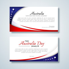 Happy Australia Day card brochure flyer Australia national flag theme red white curved lines and star on a blue background Patriotic card template design for Australia Day and other holiday Vector set