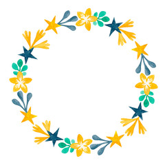 Round floral frame isolated on white background. Hand drawn yellow flowers, stars and blue leaves
