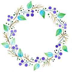 Round floral frame of brown branches, green leaves and blue berries, isolated on a white background. Watercolor wreath of wild plants. Hand-drawn illustration