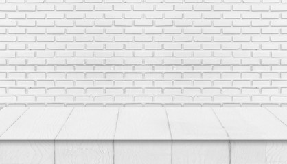 White wood table studio with white brick wall. Background for advertise product or web banner.