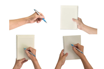 Hand write on the notebook isolated on white. Collection of hand holding pen and notepad.