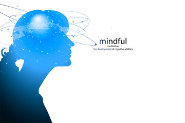 Profile of a young woman with mental activity brain and consciousness, with the cosmos as a brain.