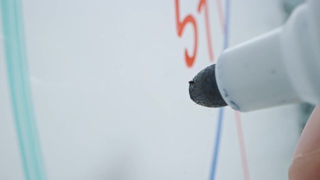 Macro Follow Shot of a Blue Marker Pen Being Held with a Hand. Person Writing on a Whiteboard with Graphs and Business Plans. Pencil is Connected to the Camera. Gripped Shot. Underlining Data.