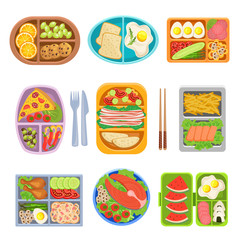 Lunch boxes top view colorful vector illustrations set