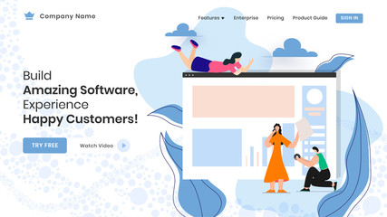 Landing page design with people website development process for Build Amazing Software, Experience Happy Customers service.