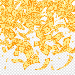 Korean won notes falling. Messy WON bills on trans