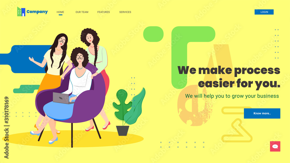 Canvas Prints we make process easier for you landing page design with modern young girls and abstract elements on 