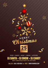 Merry Christmas Party Flyer Design with Creative Xmas Tree Made by Realistic Baubles, Golden Stars and Snowflakes on Brown Strip Background.