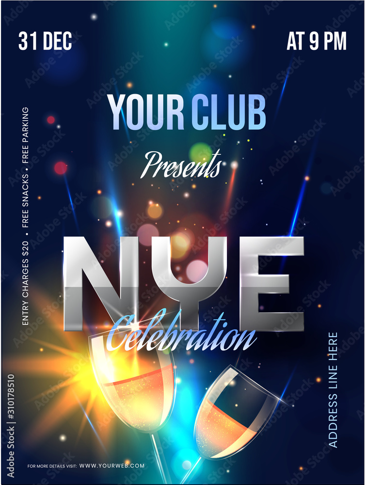 Sticker nye party invitation, flyer design with wine glasses on blue lighting effect background.