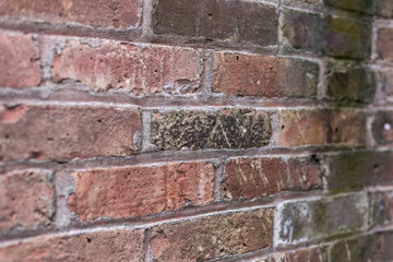 Aged red brick wall at an angle