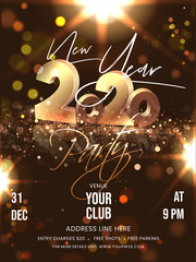 New Year Party Flyer Design with 3D Golden 2020 Text and Event Details on Brown Bokeh Lighting Effect Background.