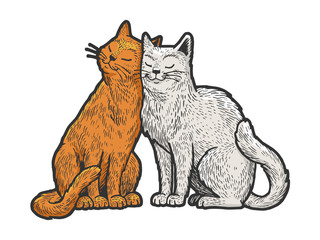 Cat love couple hug sketch engraving vector illustration. T-shirt apparel print design. Scratch board style imitation. Black and white hand drawn image.