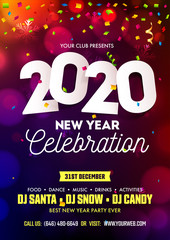New Year 2020 Celebration Invitation or Flyer Design Decorated with Confetti and Snowflake on Colorful Bokeh Background.