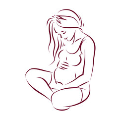 Vector hand-drawn illustration of pregnant elegant woman expecting baby, sketch. Love and fondle theme.