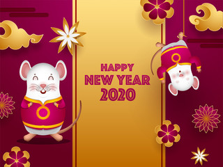 Obraz na płótnie Canvas 2020 Celebration greeting card design decorated with paper cut flowers, cloud and cartoon rats for Happy Chinese New Year.