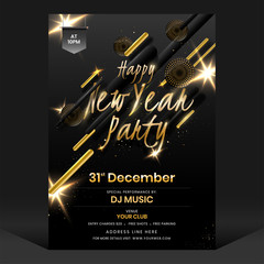New Year Party Flyer Design with Woofer's and Lighting Effect on Black Background.