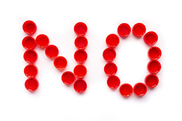 Big red slogan no of plastic covers isolated on white