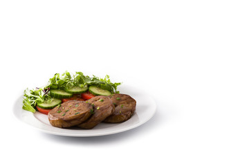 Seitan with vegetables on isolated on white background. Fake meat.	Copy space
