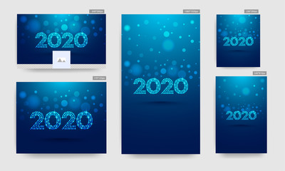 Social Media Banner or Poster and Template Design with 2020 Text made by Dots Lighting Effect on Blue Bokeh Background for New Year Celebration.