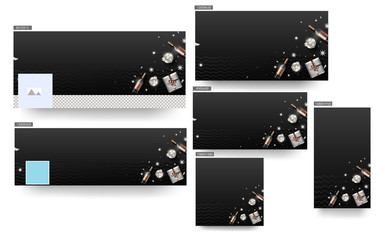 Black Header or Banner, Post and Template Design Decorated with Top View Gift Box, Disco Balls, Champagne Bottles and Silver Stars.