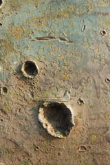 Old military relief texture of the tank green color. The marks of bullets and shrapnel on Board the...