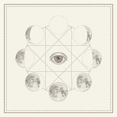 Phases of the moon with all-seeing eye and sacred geometry. Monochrome hand drawn vector illustration