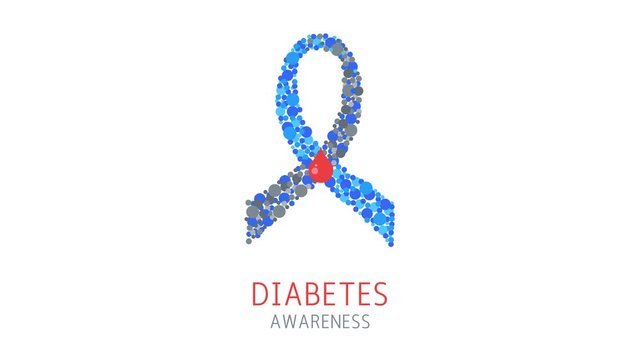 Diabetes Type 1 awareness motion graphics. Blue and grey ribbon with a drop of blood animation. Medical concept.