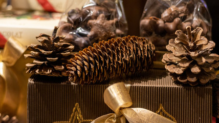 pine cones and christmas decorations