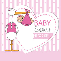 Baby shower card. Stork with baby girl	