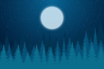 Night forest with a full moon and stars. Vector illustration