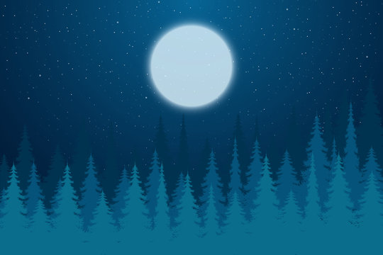 Night forest with a full moon and stars. Vector illustration © Иван Чорный