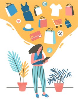 Girl shopping online flat vector illustration. Young woman buying, ordering clothes in internet store. Modern shopper, fashion boutique customer cartoon character. Consumerism, e shopping concept.