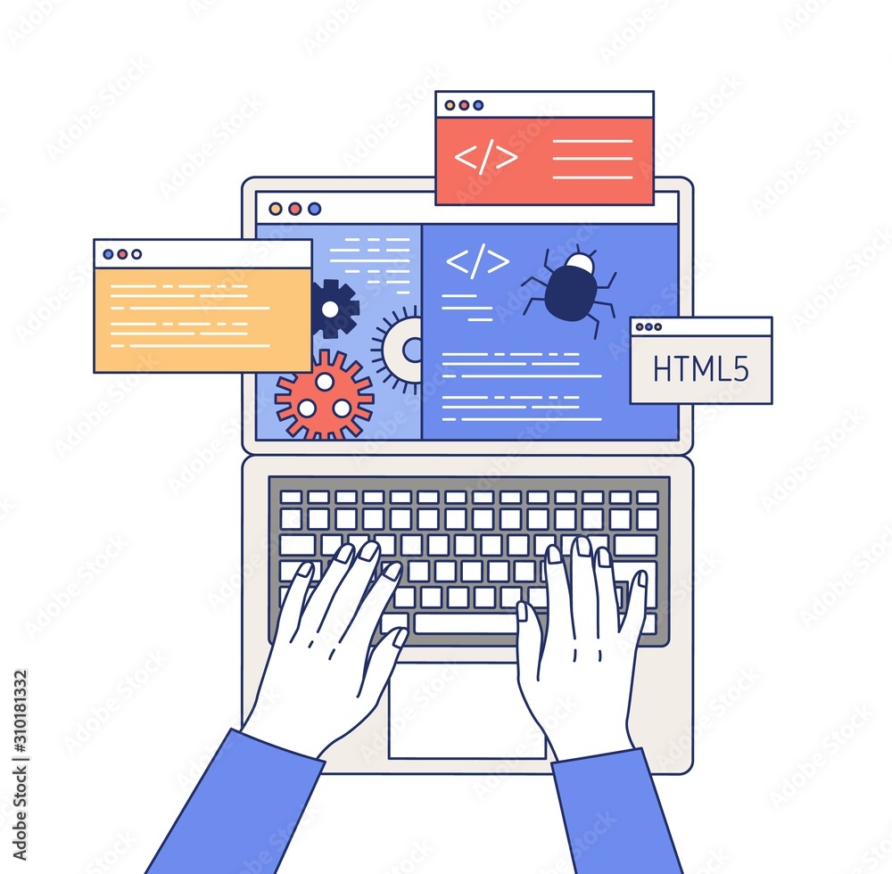 Aufkleber Professional programming outline vector illustration. Software engineering, computer program development, bug fixing concept. Malware security, code debugging, script writing process.