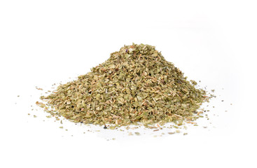 a pile of dried oregano on a white background