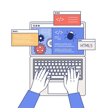 recommend clip art: Professional programming outline vector illustration. Software engineering, computer program development, bug fixing concept. Malware security, code debugging, script writing process.