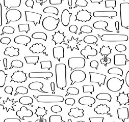 Speech bubble seamless pattern. Empty comic sticker without text of different shapes - square, circle or round, cloud, boom and bam, rectangle message. Blank doodle tag for price of dialogue, vector