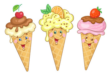 Three fun fruit ice creams in waffle cones. In a cartoon style. Isolated on white background. Vector illustration
