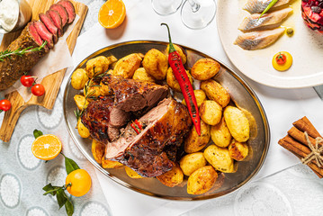New Year table with different dishes and drinks