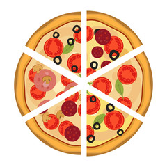 Pizza seamless pattern. Mozzarella, Cheese, Basil, Tomato, pepperoni, olives. Illustration for backgrounds, card, posters, banners, textile prints, cover, web design. Eat healthy. Vector icons.