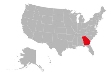 Georgia state marked red on US political map. Gray background. United States province.