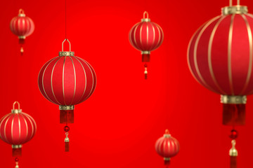 Chinese lamp floating soft focus on red background 3d rendering. 3d illustration greeting for Happiness, Richness, Prosperity & Longevity. Chinese new year festival.