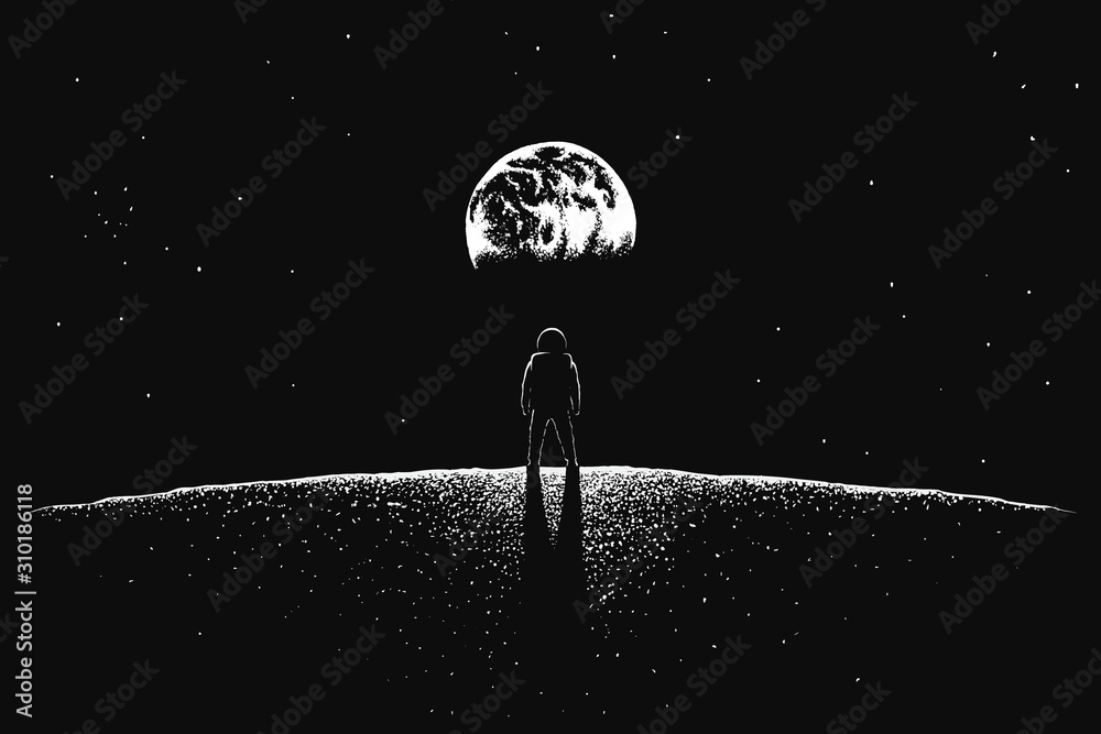 Wall mural astronaut looks to earth from moon