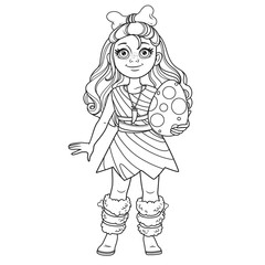 Cute girl in a suit of prehistoric man with bone in hair and dinosaur egg in her hands outlined for coloring page