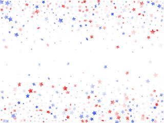 Flying red blue white star sparkles on white vector american patriotic background.