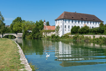 Fototapeta na wymiar Landscape on the Rhine with former monastery building of the Rhe