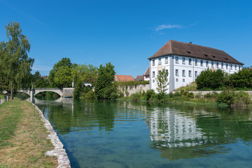 Fototapeta na wymiar Landscape on the Rhine with former monastery building of the Rhe