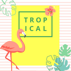 Tropical Flowers and Flamingo Summer Banner, Graphic Background, Flyer or Card.